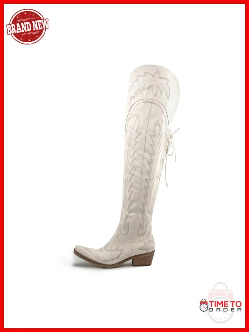 Women Over The Knee Cowboy Boots Faux Leather Wide Calf Embroidered Chunky Heel